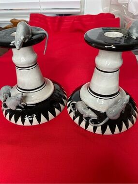 Department 56 Halloween Themed Ceramic Mice Candlestick Pair - Black/White.